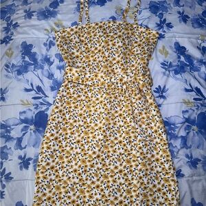 yellow and white floral denim dress, size L